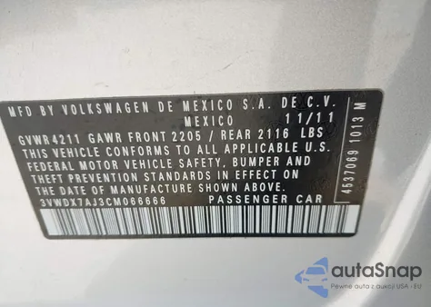 2012 Volkswagen Jetta 2.5L Se из США, поврежденный, VIN 3VWDX7AJ3CM066666